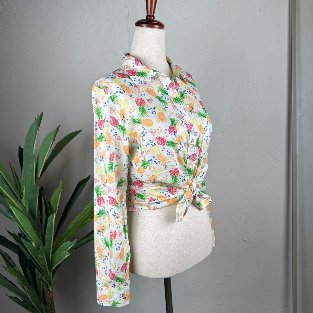 Tropical‎ Whimsical Fruit Print Preppy Talbots Button Down Shirt Womens Petite - Picture 2 of 7